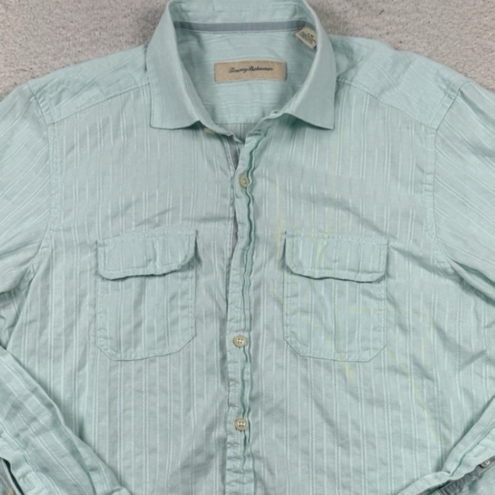 Tommy Bahama Shirt Mens L Linen Blend Jacquard Roll Tab Sleeves Button Up *Flaw